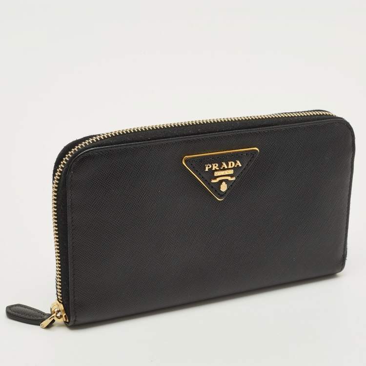 Pre Owned Prada Logo Black Saffiano Metal Leather Zip Around Wallet