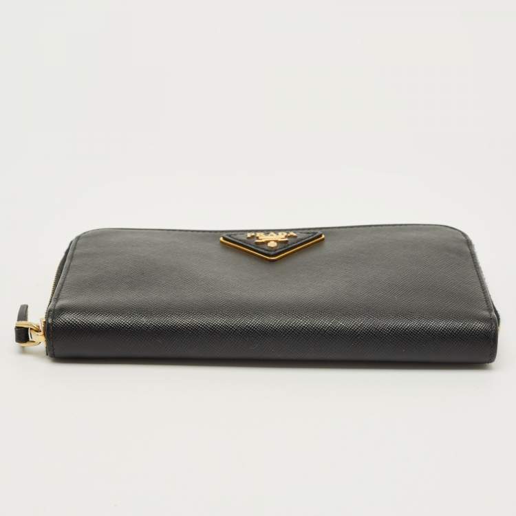 Pre Owned Prada Logo Black Saffiano Metal Leather Zip Around Wallet