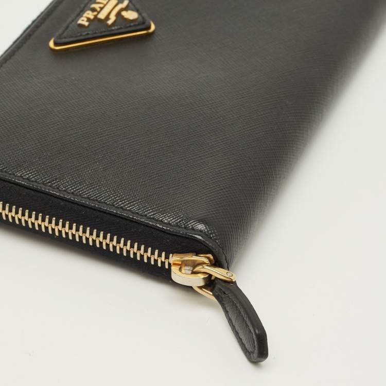Pre Owned Prada Logo Black Saffiano Metal Leather Zip Around Wallet
