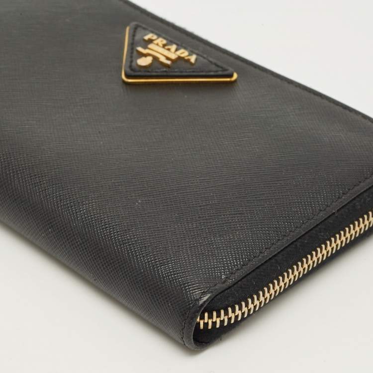 Pre Owned Prada Logo Black Saffiano Metal Leather Zip Around Wallet