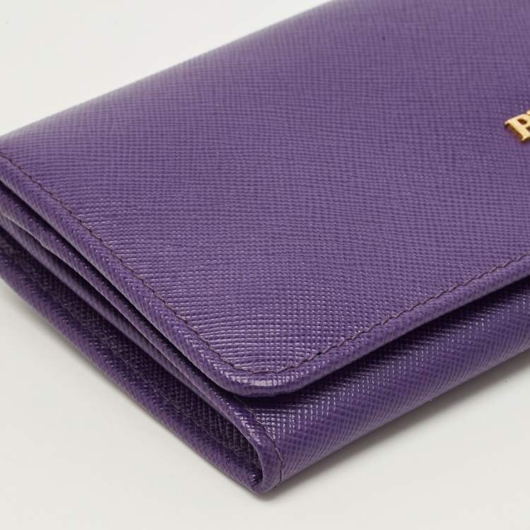 Pre Owned Prada Logo Purple Saffiano Metal Leather Continental Wallet