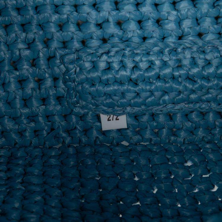 مملوكة مسبقًا Prada Blue Raffia Effect Crochet Logo Embroidered Shopping Tote