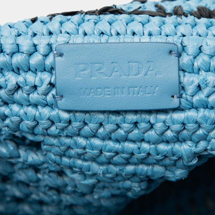 مملوكة مسبقًا Prada Blue Raffia Effect Crochet Logo Embroidered Shopping Tote
