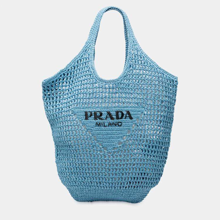 مملوكة مسبقًا Prada Blue Raffia Effect Crochet Logo Embroidered Shopping Tote
