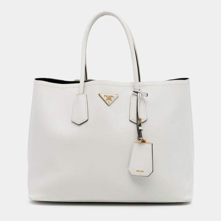 Pre Owned Prada White Large Saffiano Cuir Double Satchel