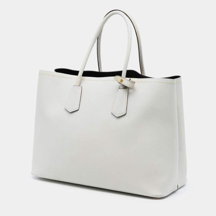 Pre Owned Prada White Large Saffiano Cuir Double Satchel