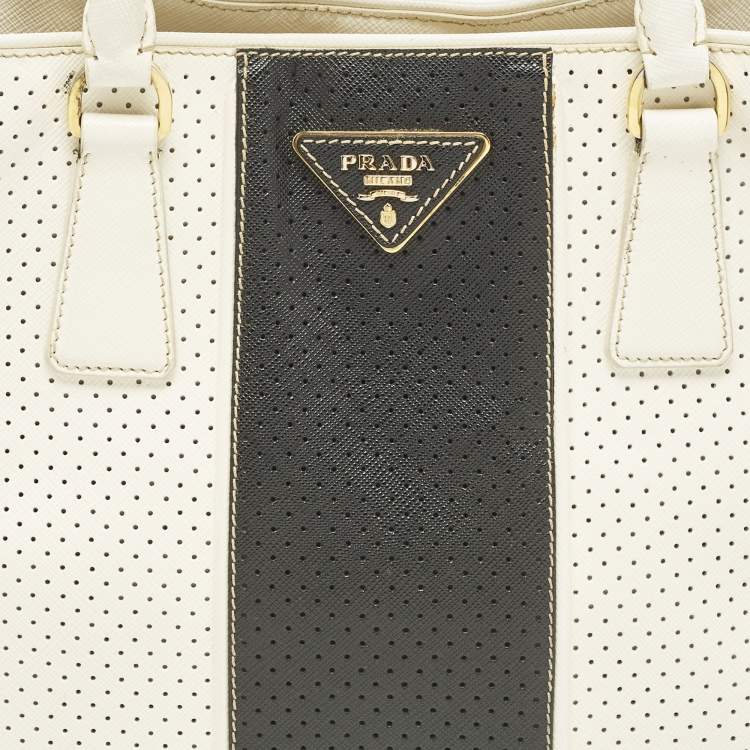 Pre Owned Prada Gardener's Medium Off White/Black Saffiano Leather Tote