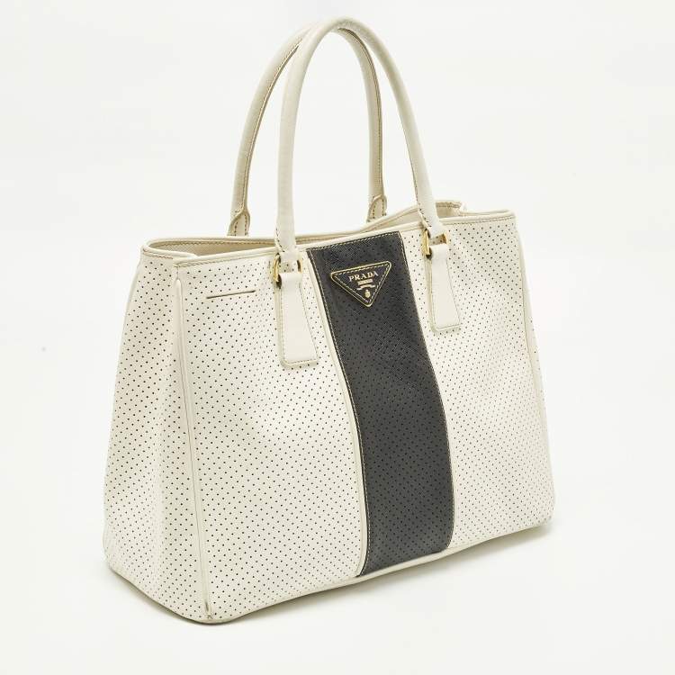 Pre Owned Prada Gardener's Medium Off White/Black Saffiano Leather Tote