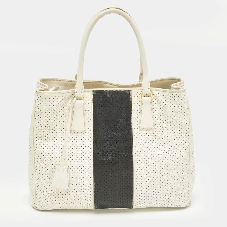 Pre Owned Prada Gardener's Medium Off White/Black Saffiano Leather Tote