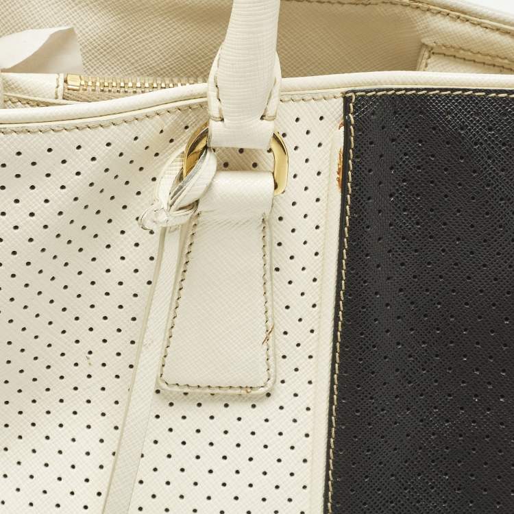 Pre Owned Prada Gardener's Medium Off White/Black Saffiano Leather Tote