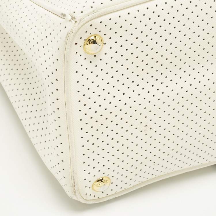 Pre Owned Prada Gardener's Medium Off White/Black Saffiano Leather Tote