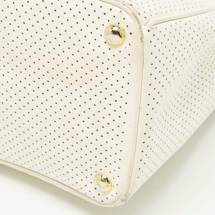 Pre Owned Prada Gardener's Medium Off White/Black Saffiano Leather Tote