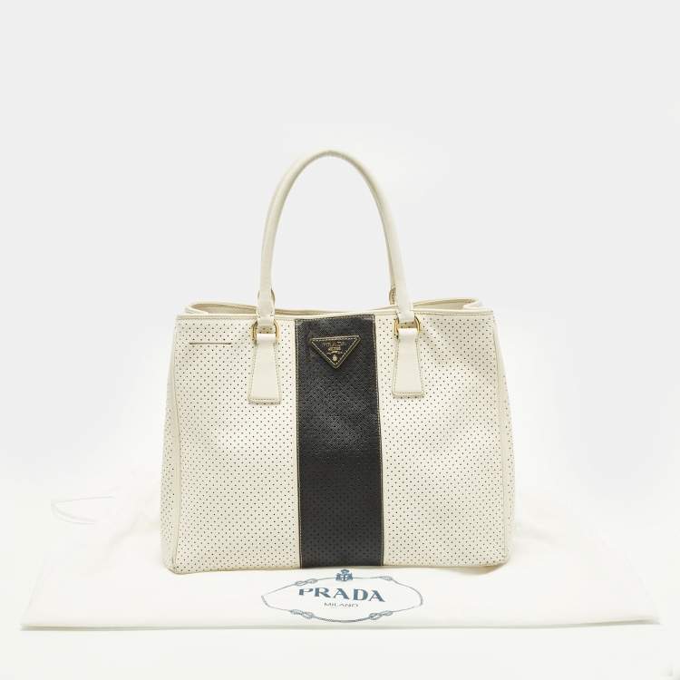 Pre Owned Prada Gardener's Medium Off White/Black Saffiano Leather Tote