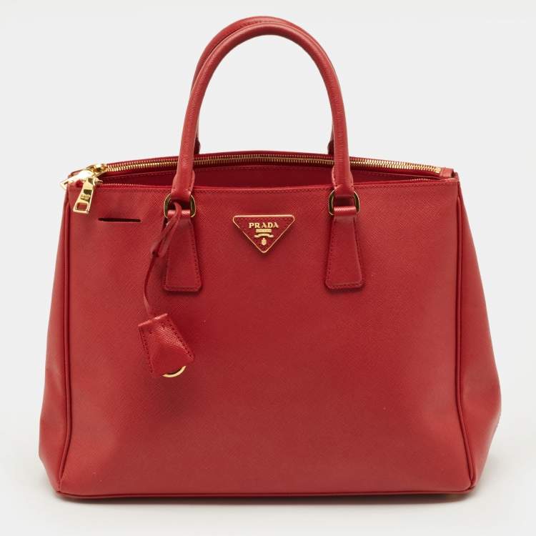 Pre Owned Prada Double Zip Large Red Saffiano Leather Tote