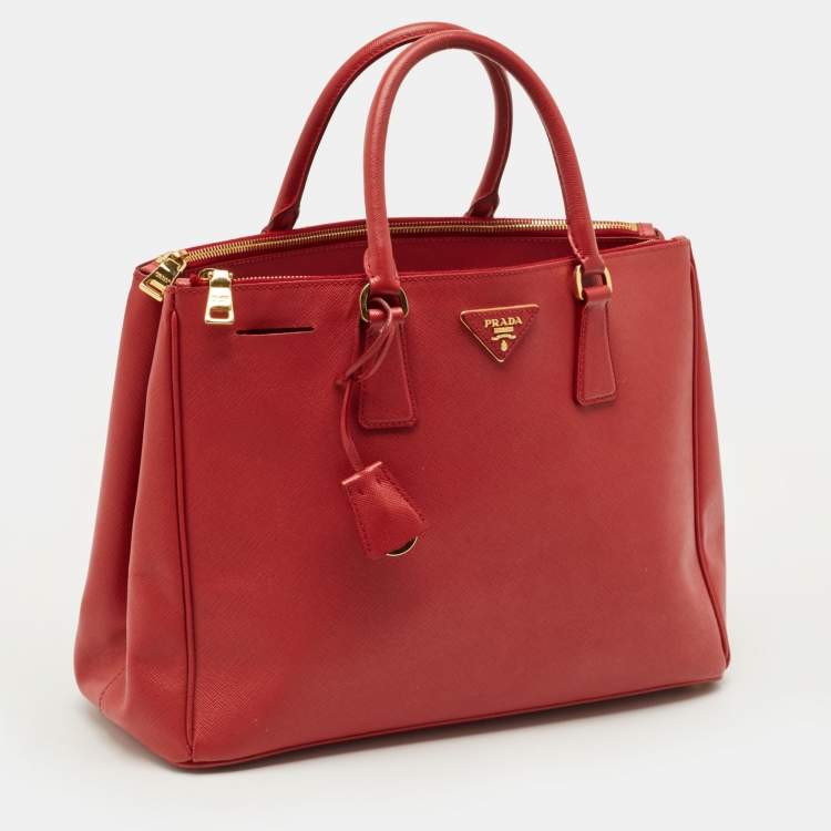 Pre Owned Prada Double Zip Large Red Saffiano Leather Tote
