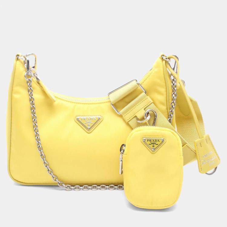 Pre Owned Prada Re-Edition 2005 Yellow Nylon Leather Chain Shoulder Bag