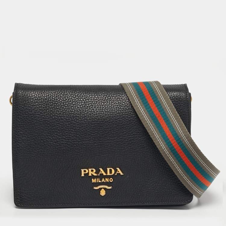 Pre Owned Prada Black Vitello Leather Flap Crossbody Bag