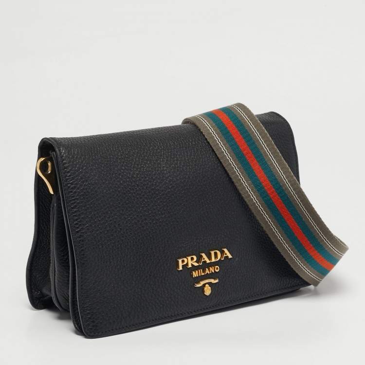 Pre Owned Prada Black Vitello Leather Flap Crossbody Bag