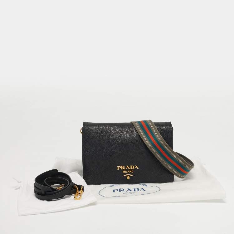 Pre Owned Prada Black Vitello Leather Flap Crossbody Bag