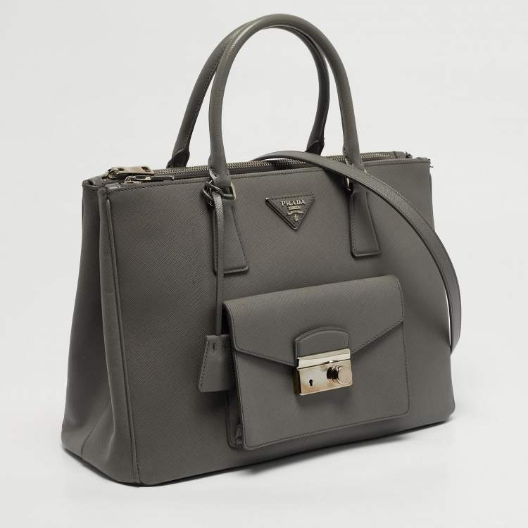 Pre Owned Prada Front Pocket Double Zip Medium Saffiano Leather Tote