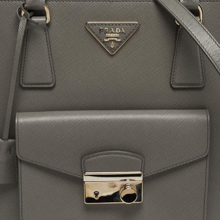Pre Owned Prada Front Pocket Double Zip Medium Saffiano Leather Tote