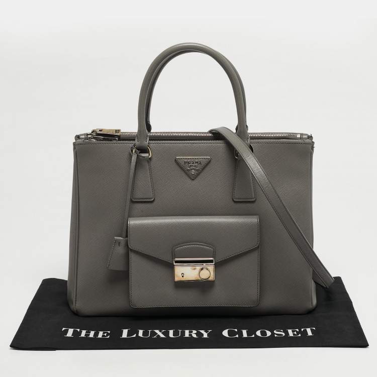 Pre Owned Prada Front Pocket Double Zip Medium Saffiano Leather Tote