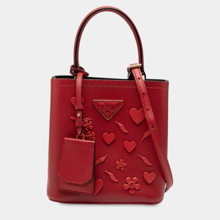 مملوكة مسبقًا Prada Red Small Embellished Saffiano Cuir Panier Satchel
