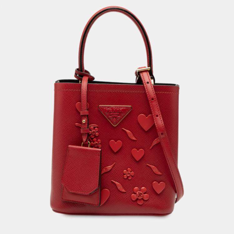 Pre Owned Prada Red Small Embellished Saffiano Cuir Panier Satchel