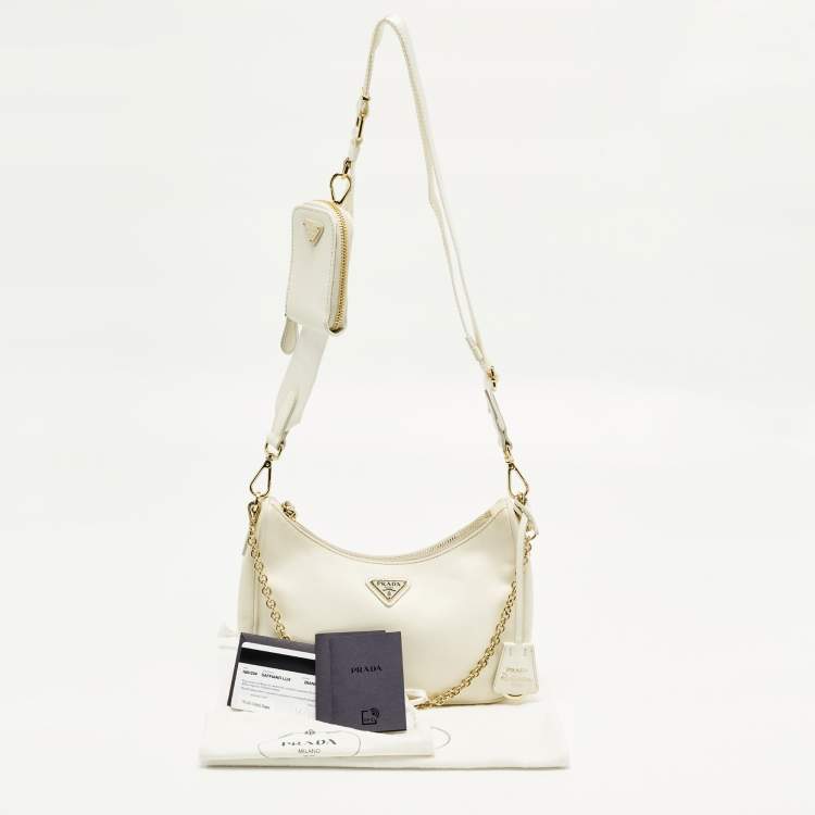Pre Owned Prada Re-Edition 2005 Off White Saffiano Lux Leather Shoulder Bag
