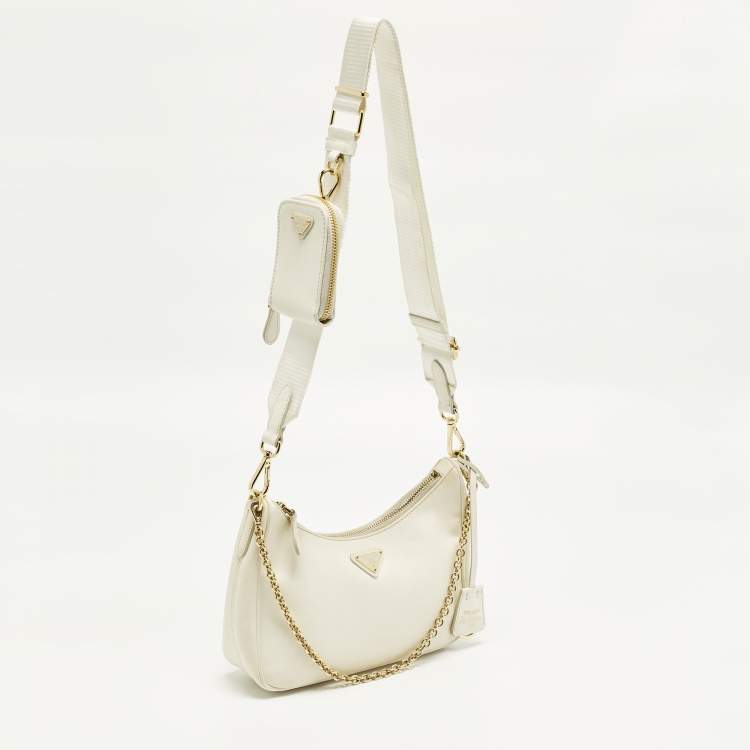 Pre Owned Prada Re-Edition 2005 Off White Saffiano Lux Leather Shoulder Bag