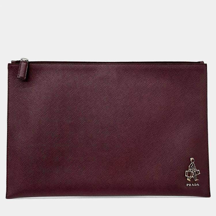 Pre Owned Prada Burgundy Leather Saffiano Clutch