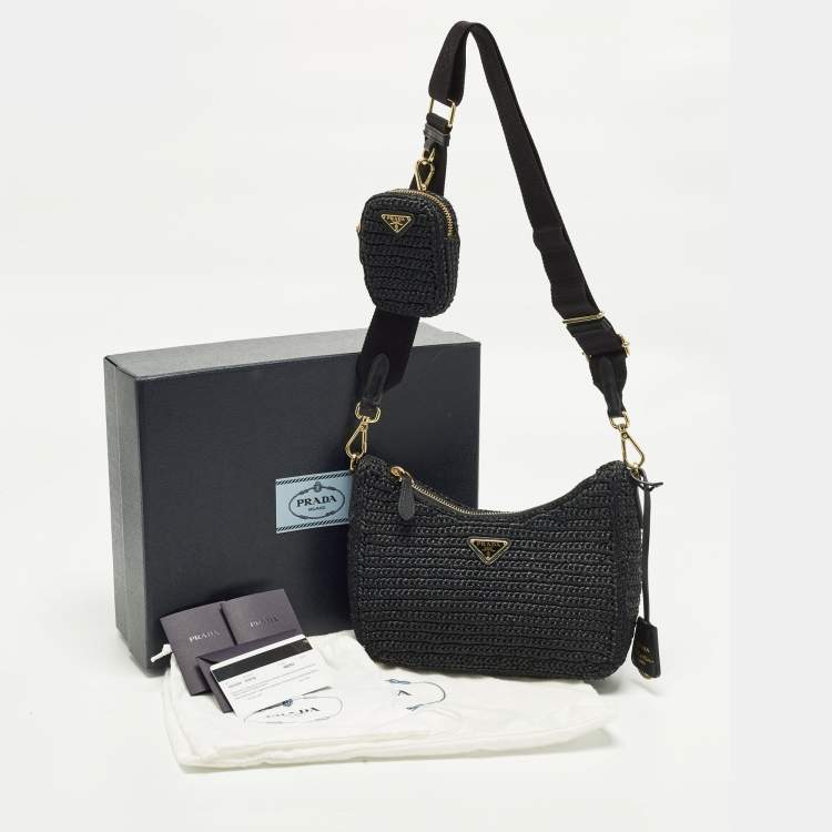 Pre Owned Prada Re-Edition 2005 Black Woven Raffia Shoulder Bag