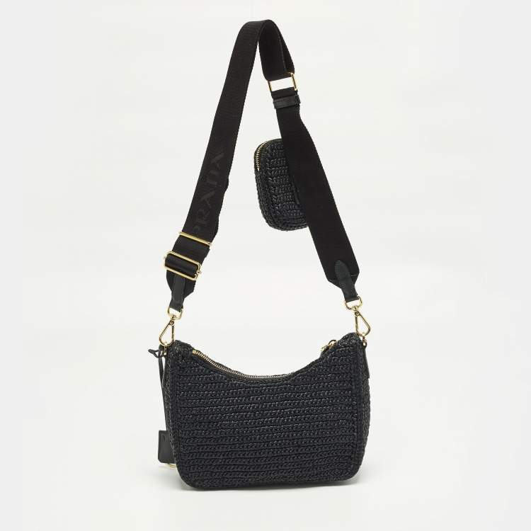 Pre Owned Prada Re-Edition 2005 Black Woven Raffia Shoulder Bag