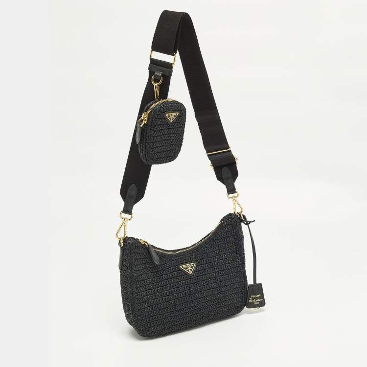 Pre Owned Prada Re-Edition 2005 Black Woven Raffia Shoulder Bag
