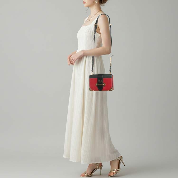 Pre Owned Prada Cahier Red/Black City Calf and Saffiano Leather Shoulder Bag