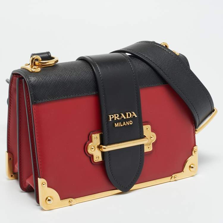 Pre Owned Prada Cahier Red/Black City Calf and Saffiano Leather Shoulder Bag