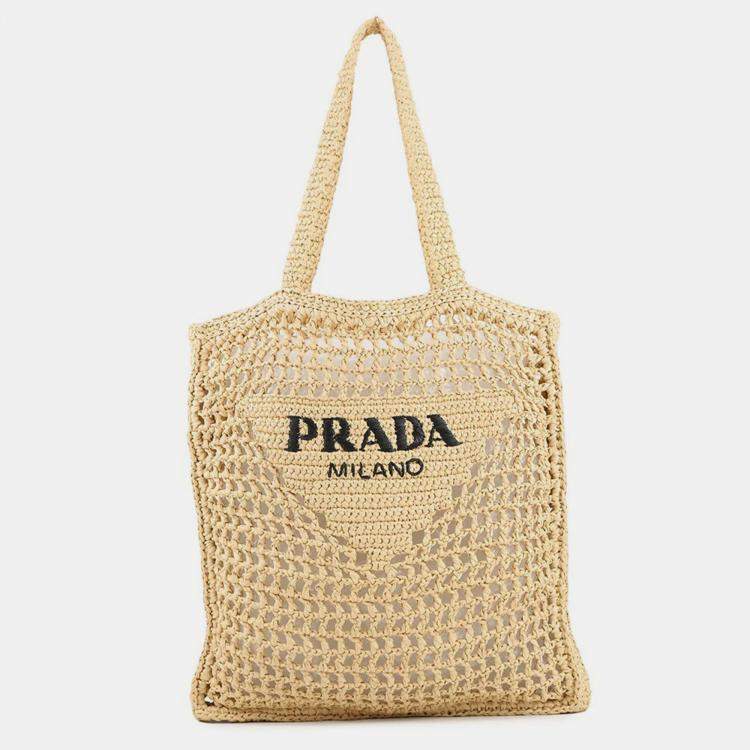 Pre Owned Prada Logo Crochet Tote Bag Natural Raffia