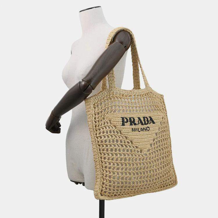 Pre Owned Prada Logo Crochet Tote Bag Natural Raffia