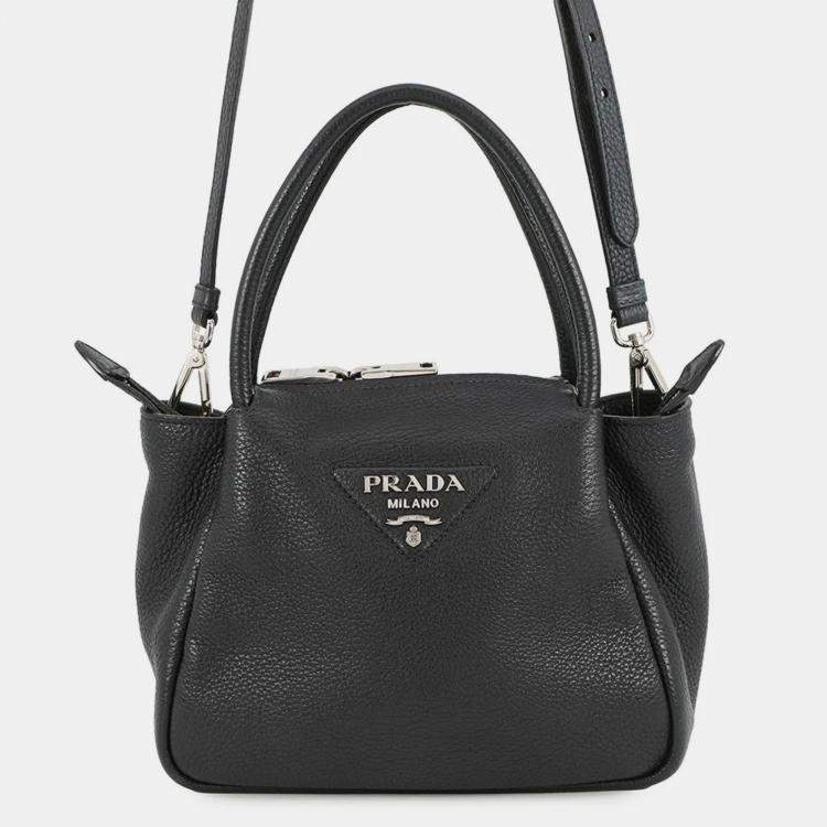 مملوكة مسبقًا Prada Vitello Dino 2Way Handbag Black Leather Size Small