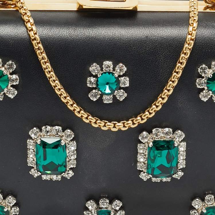 Pre Owned Prada Crystal Embellished Black Leather Frame Chain Clutch