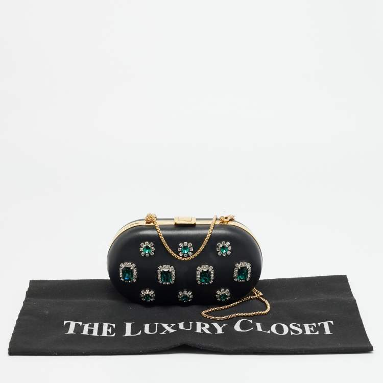 Pre Owned Prada Crystal Embellished Black Leather Frame Chain Clutch