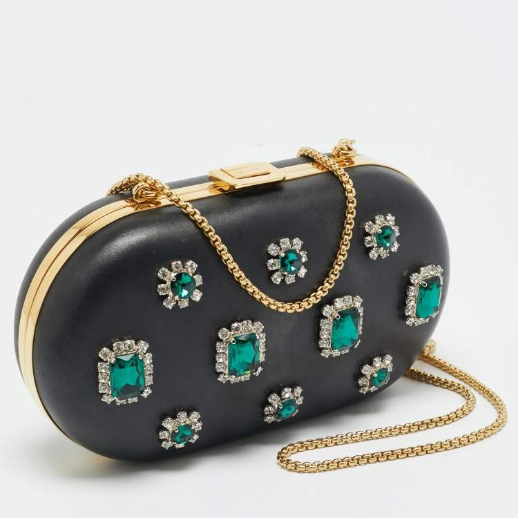 Pre Owned Prada Crystal Embellished Black Leather Frame Chain Clutch
