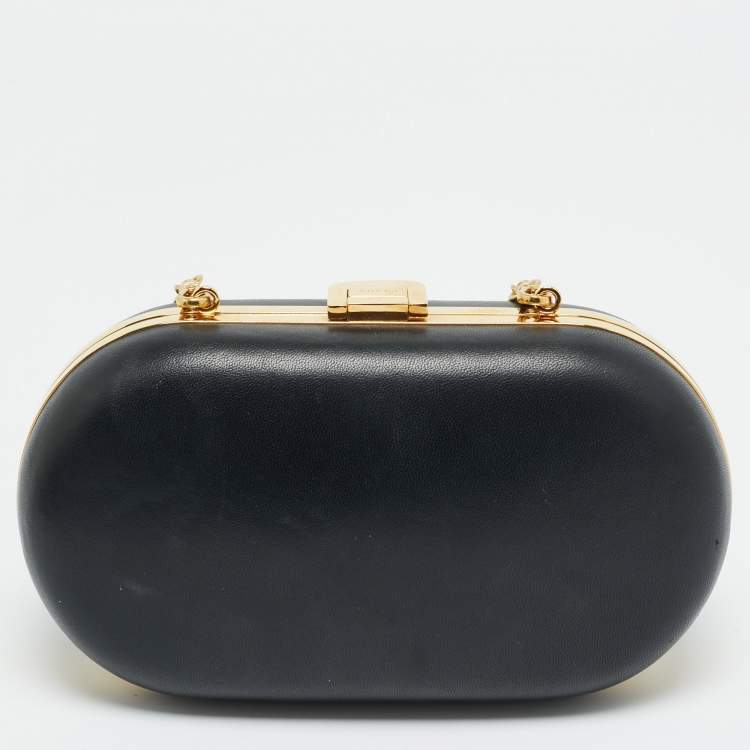 Pre Owned Prada Crystal Embellished Black Leather Frame Chain Clutch