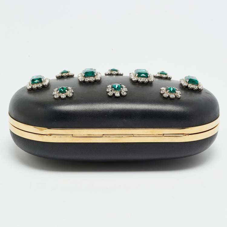 Pre Owned Prada Crystal Embellished Black Leather Frame Chain Clutch