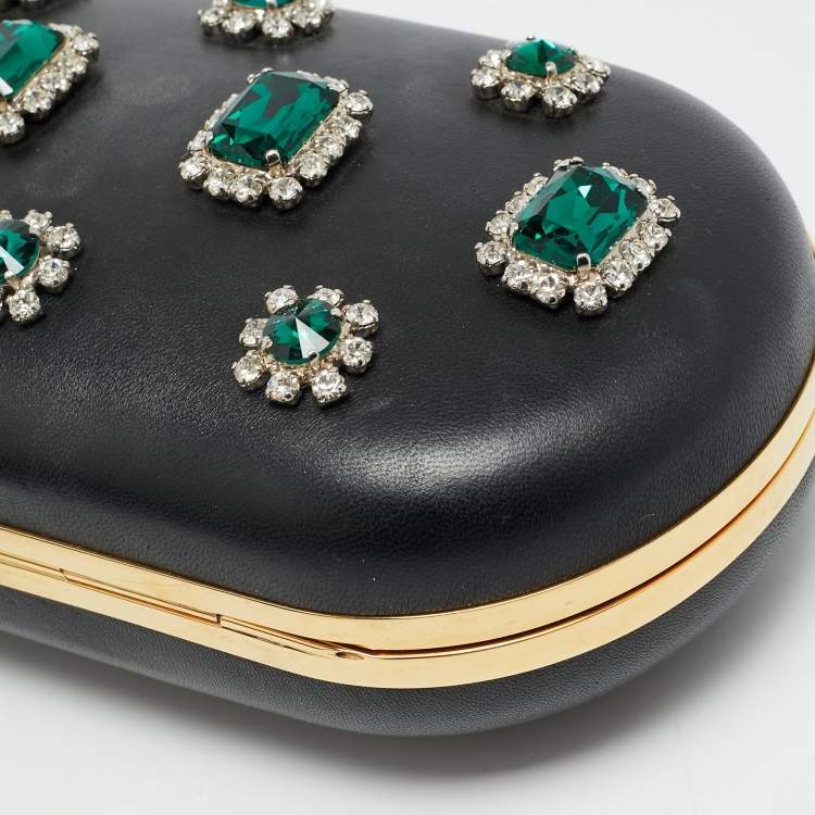 Pre Owned Prada Crystal Embellished Black Leather Frame Chain Clutch