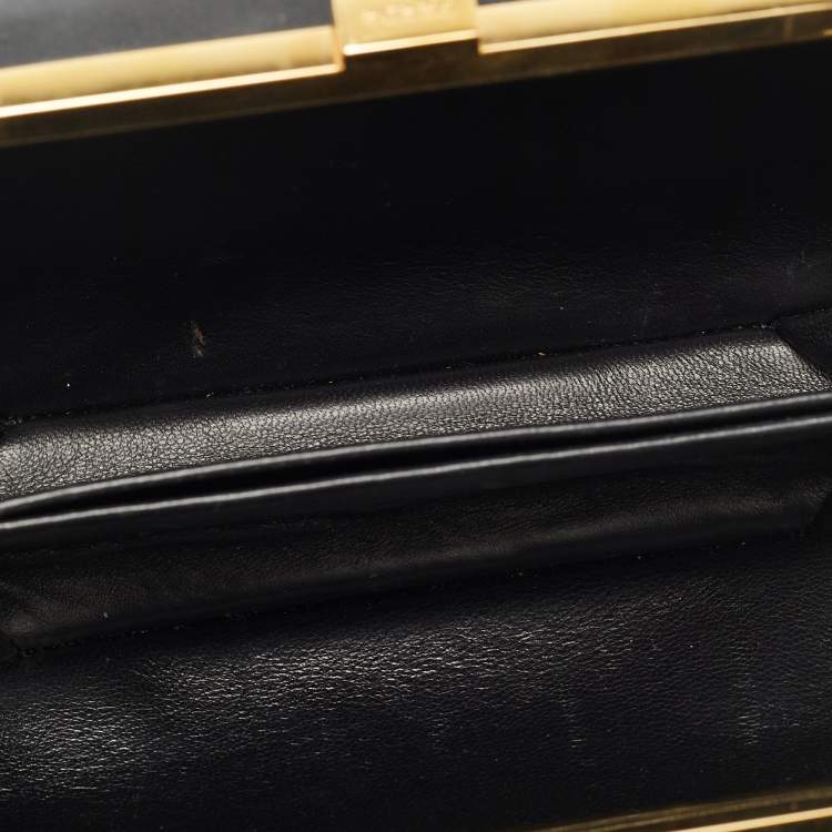 Pre Owned Prada Crystal Embellished Black Leather Frame Chain Clutch