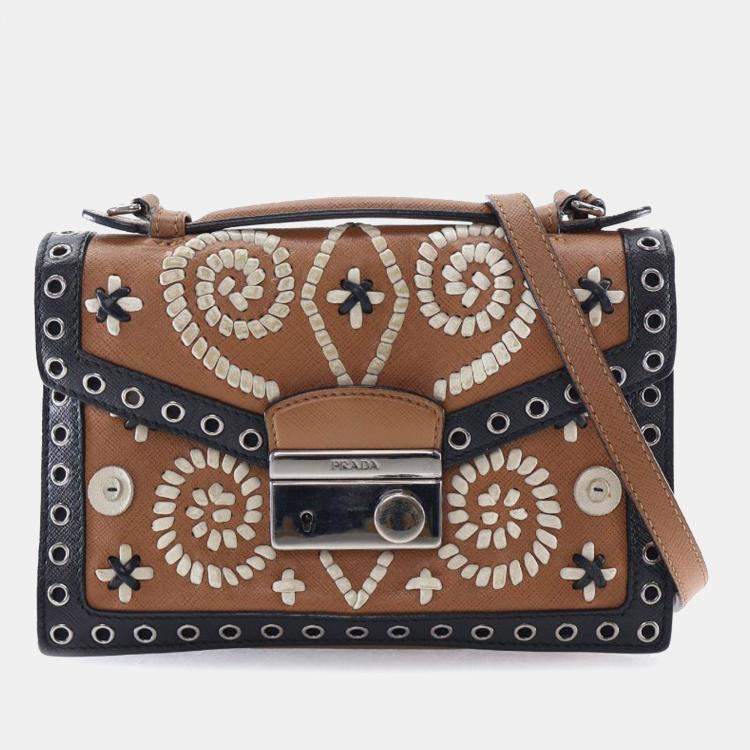 Pre Owned Prada Brown Saffiano Embroidered Pattina Satchel