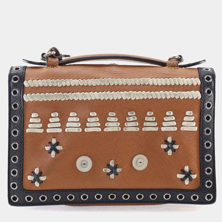 Pre Owned Prada Brown Saffiano Embroidered Pattina Satchel