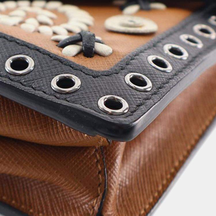 Pre Owned Prada Brown Saffiano Embroidered Pattina Satchel