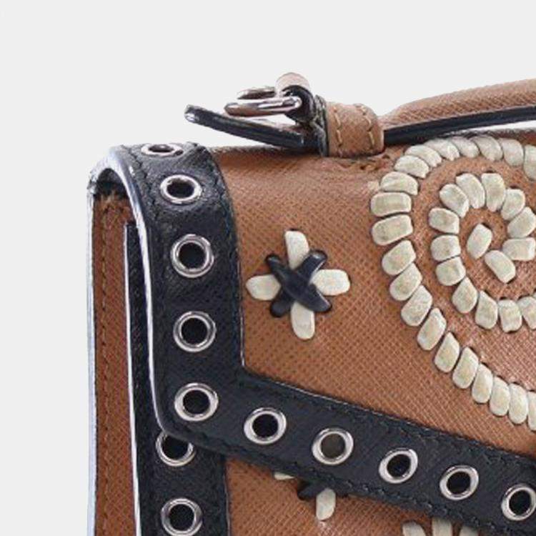 Pre Owned Prada Brown Saffiano Embroidered Pattina Satchel